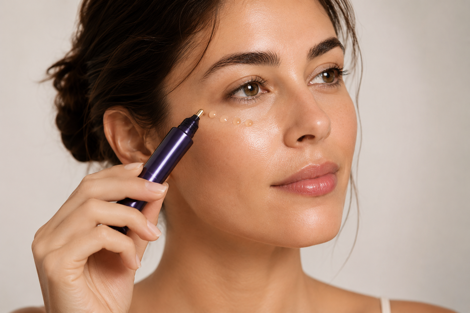 Applying dots of tinted firming gel under the eye